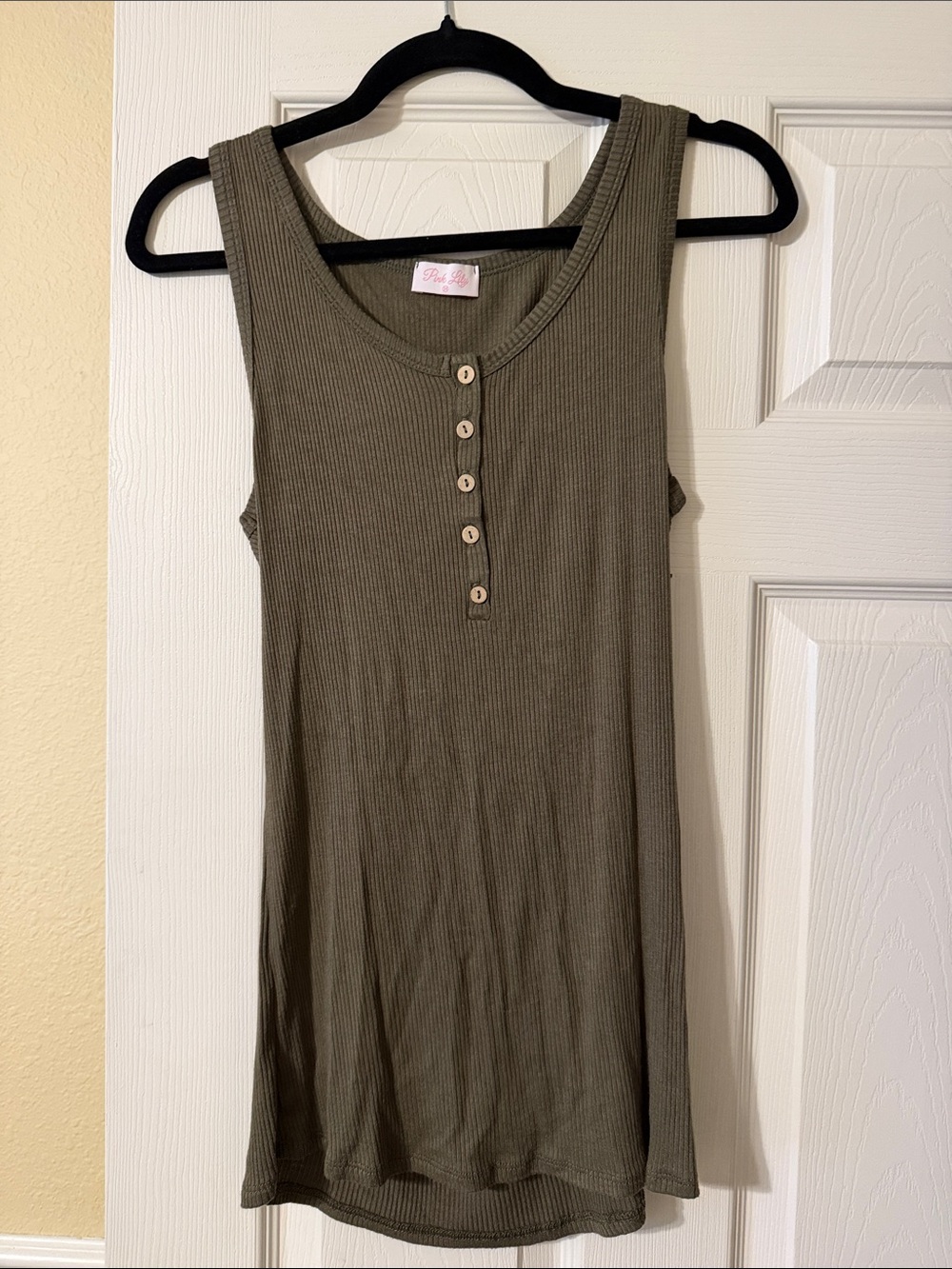Pink Lily Olive Green Ribbed Tank with Button Placket